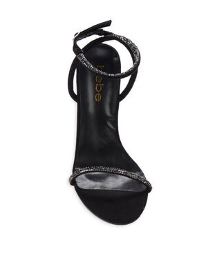 LIKE NEW/BEBE ALL BLACK RHINESTONE ANKLE STRAP HEEL SANDALS SZ: 8